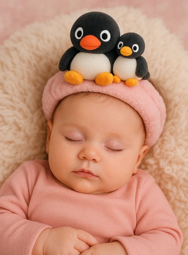 Bentiță de pluș pentru bebeluși – Pinguin cu pește