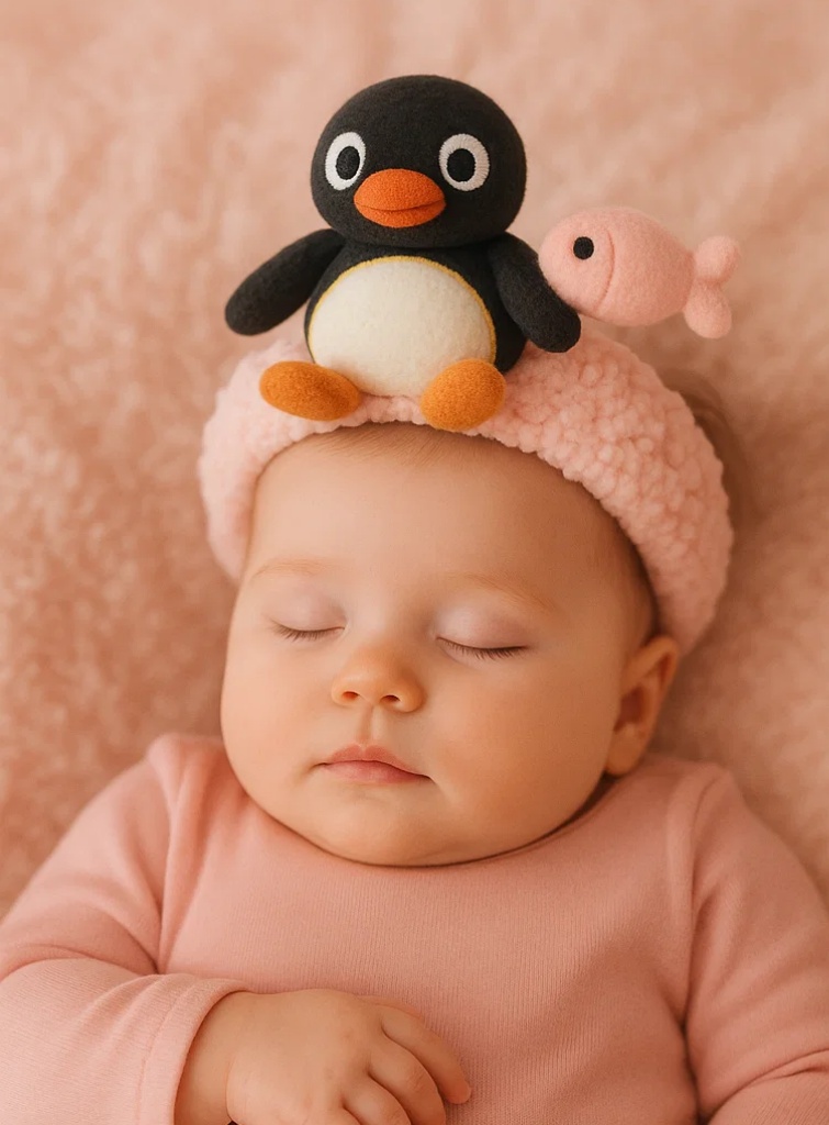 Bandeau en peluche pour bébé – Pingouin avec poisson