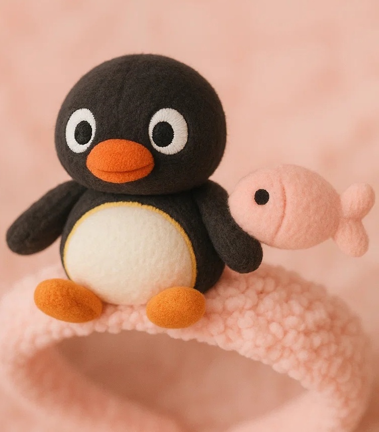 Bandeau en peluche pour bébé – Pingouin avec poisson