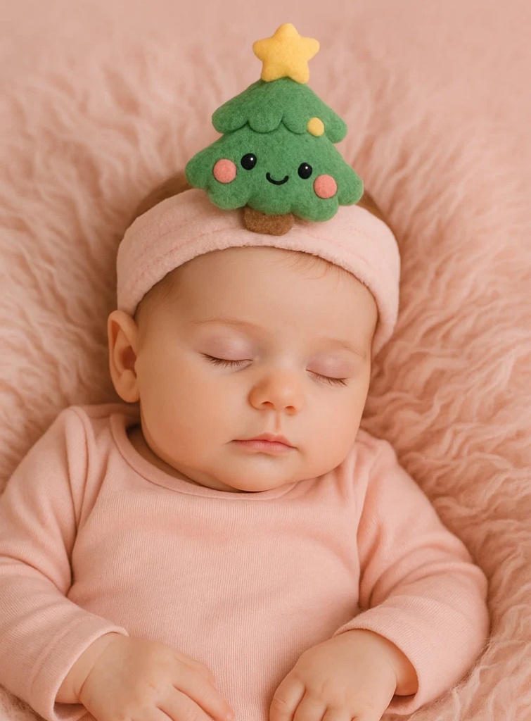 Bentiță adorabilă din fleece pentru bebeluși cu brad de Crăciun din pluș
