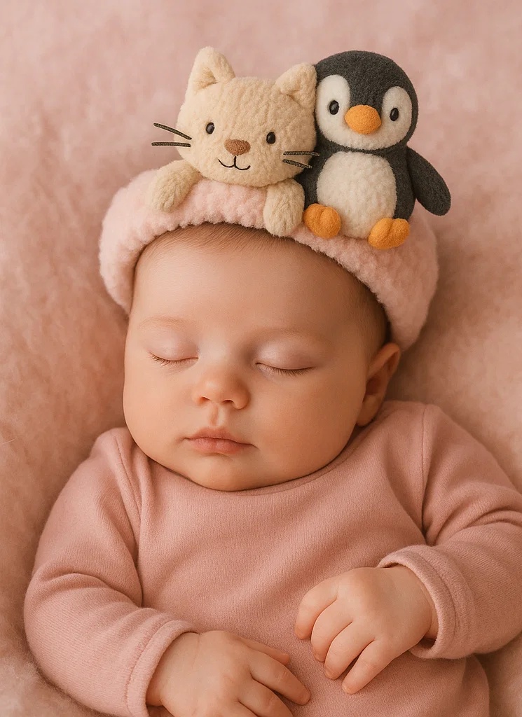 Cat & Penguin Plush Baby Headband - Dual Character Fleece Hairband