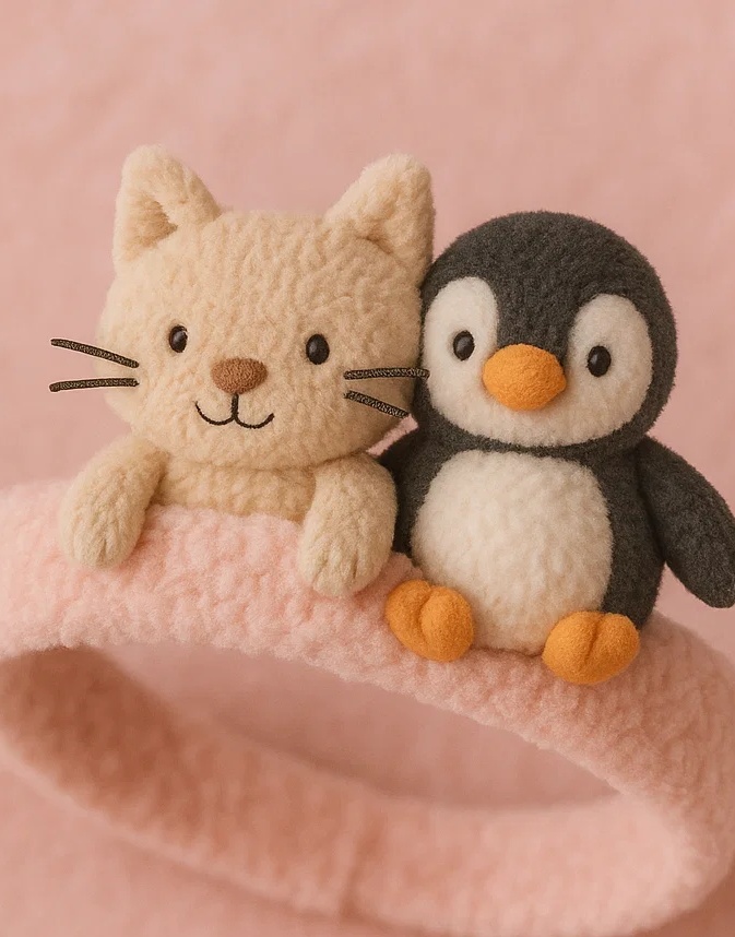 Cat & Penguin Plush Baby Headband - Dual Character Fleece Hairband