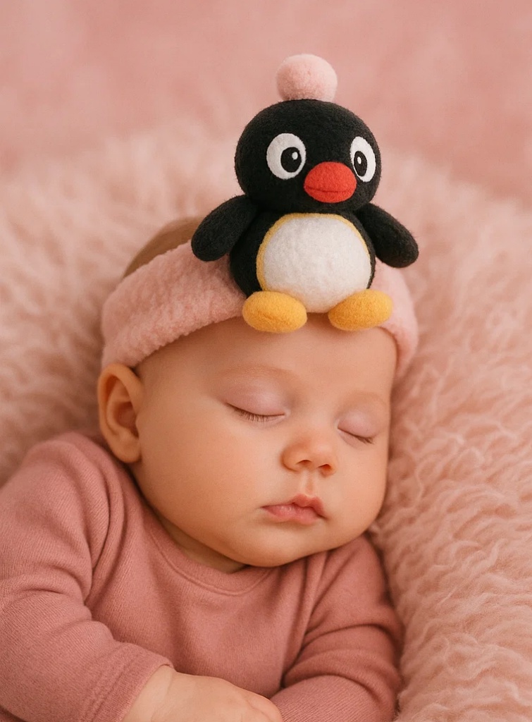 Bentiță drăguță pentru bebeluși cu pinguin negru – Accesoriu de păr din pluș pentru sugari