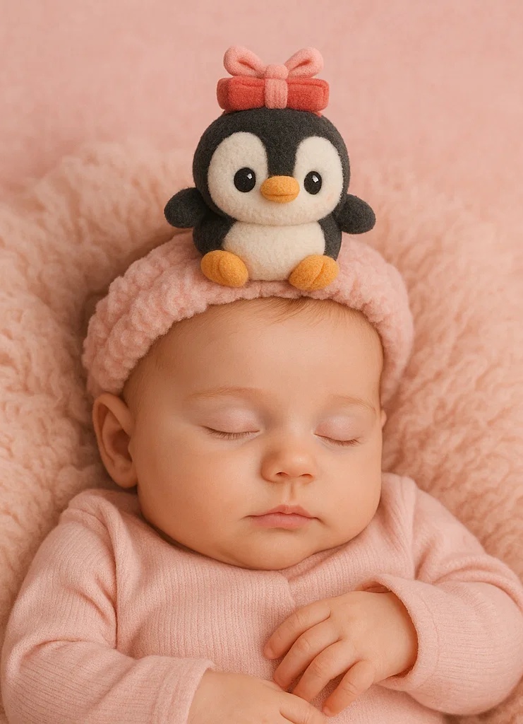 Diadema para bebé con pingüino de peluche – Accesorio de pelo lindo para recién nacidos