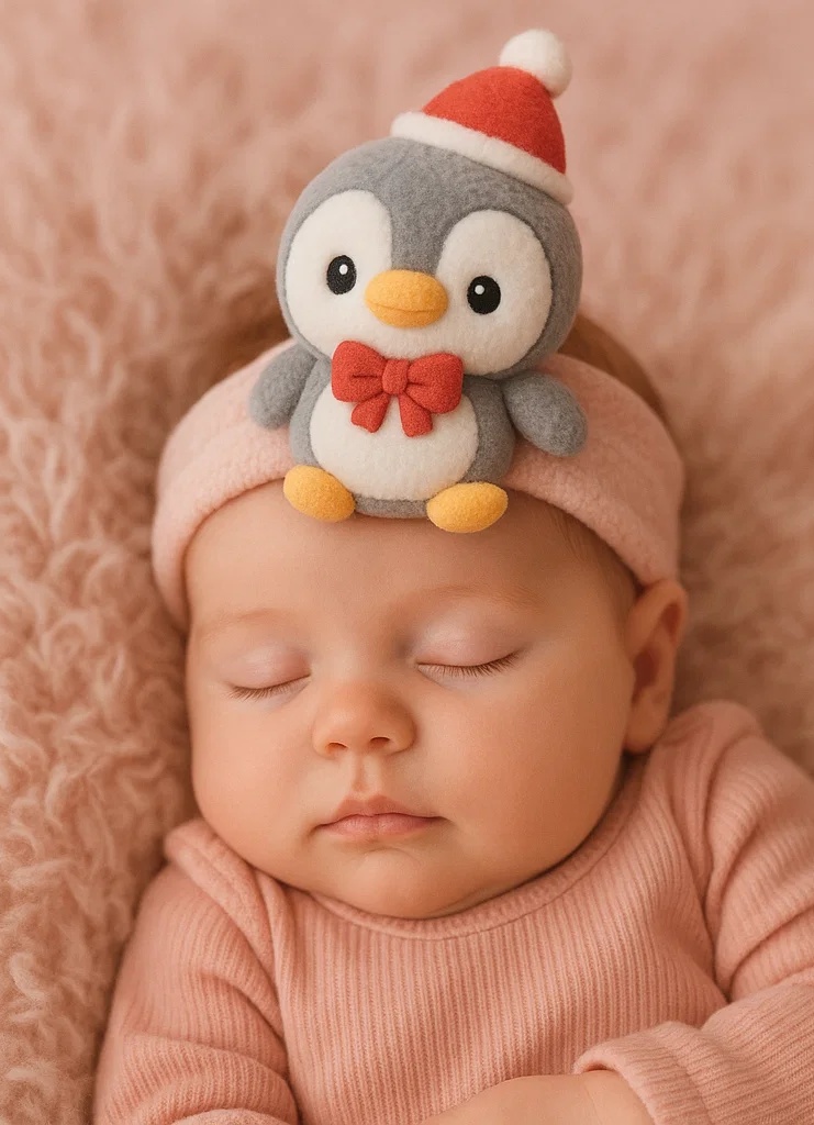 Bandeau bébé pingouin en peluche – Accessoire cheveux mignon pour nouveau-né