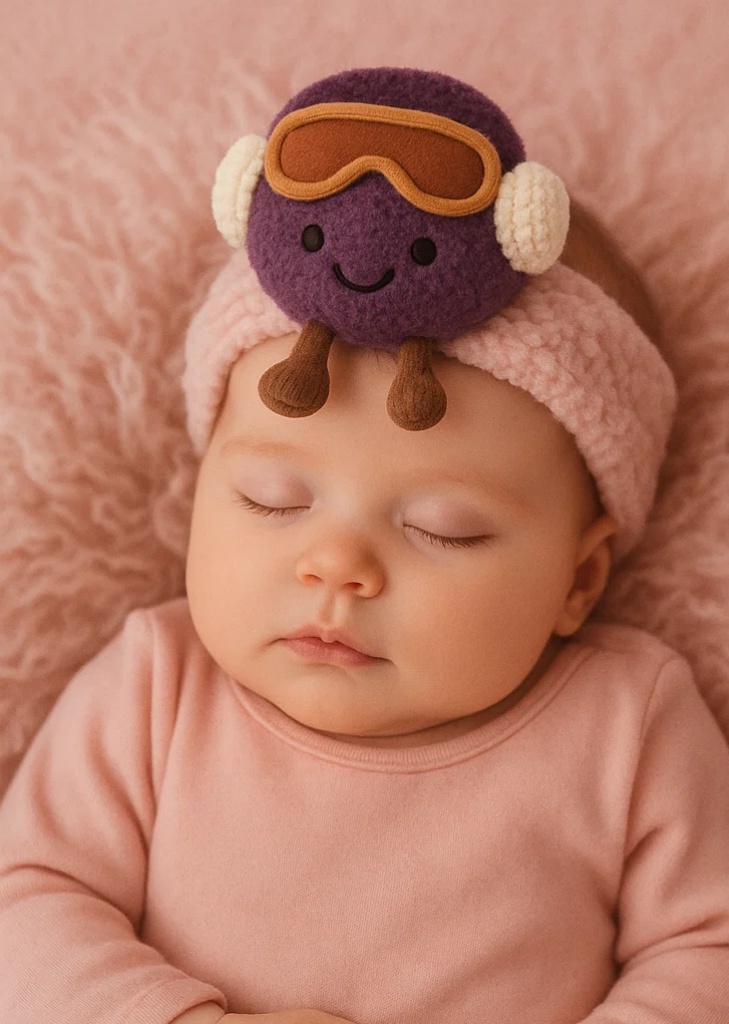 Diadema de invierno púrpura de felpa para bebé – Estilo dibujo animado con gafas y orejeras