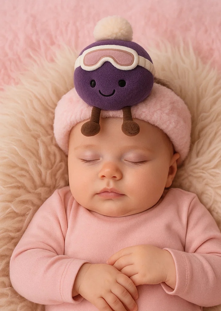 Lila Winter-Stirnband für Babys aus Plüsch – Cartoon-Stil mit Schutzbrille und Ohrenschützern