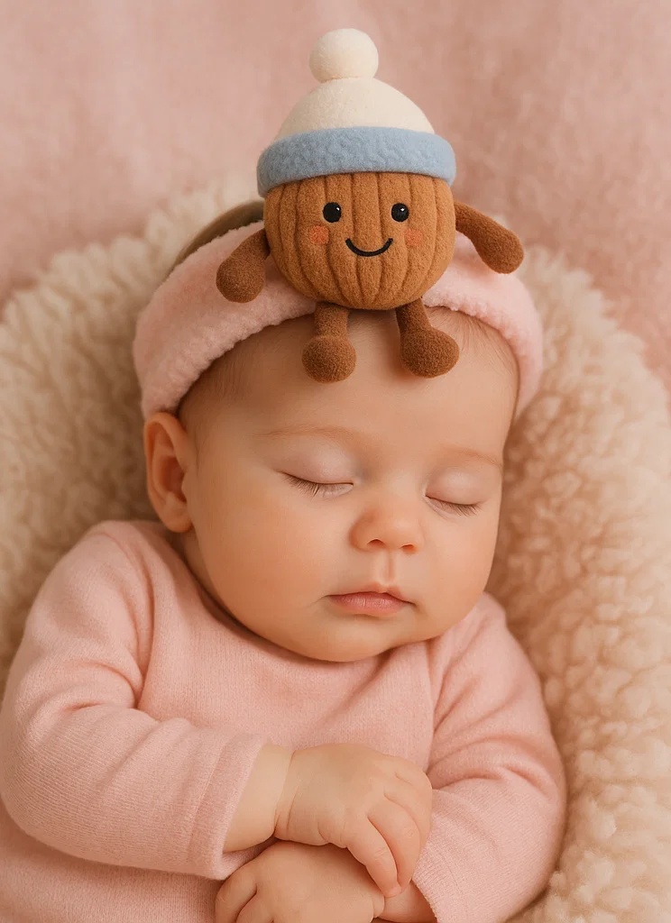 Diadema de bebé de peluche con castaña y gorro de invierno – Estilo dibujo animado adorable