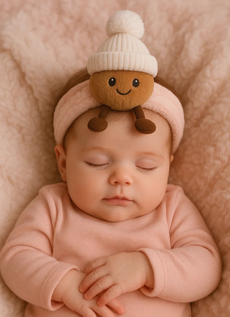 Bandeau bébé en peluche châtaigne avec bonnet d'hiver – Style dessin animé mignon