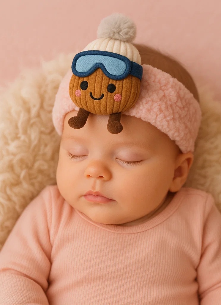 Chestnut Plush Baby Headband with Winter Hat – Cute Cartoon Style