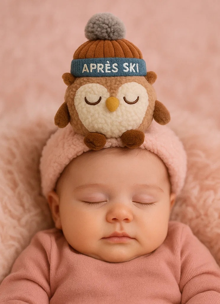 Owl Plush Baby Headband with Après Ski Hat – Cozy Winter Design
