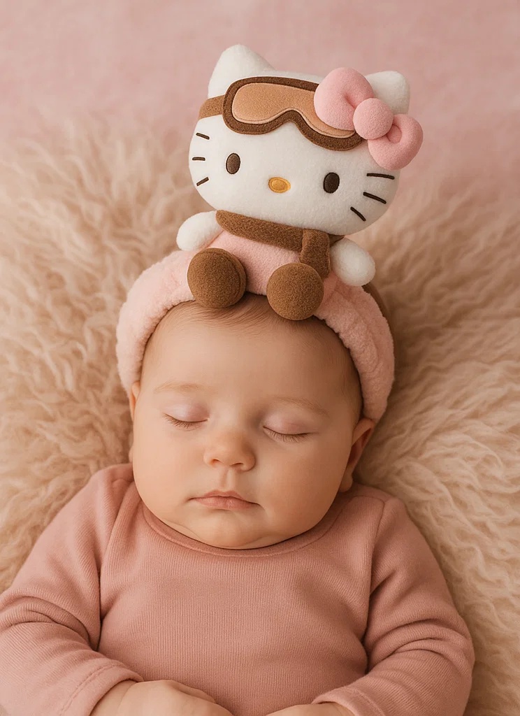 Faixa de cabelo de bebê Hello Kitty de pelúcia com roupa de inverno – Estilo de desenho licenciado