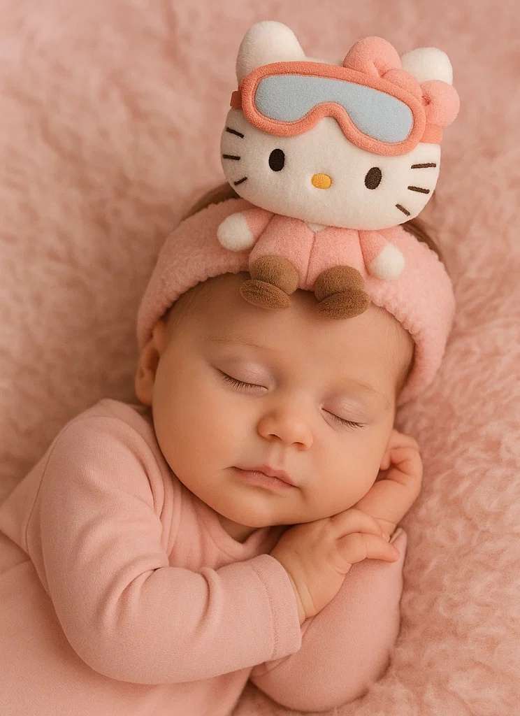 Diadema de bebé de peluche Hello Kitty con atuendo de invierno – Estilo de dibujos animados con licencia