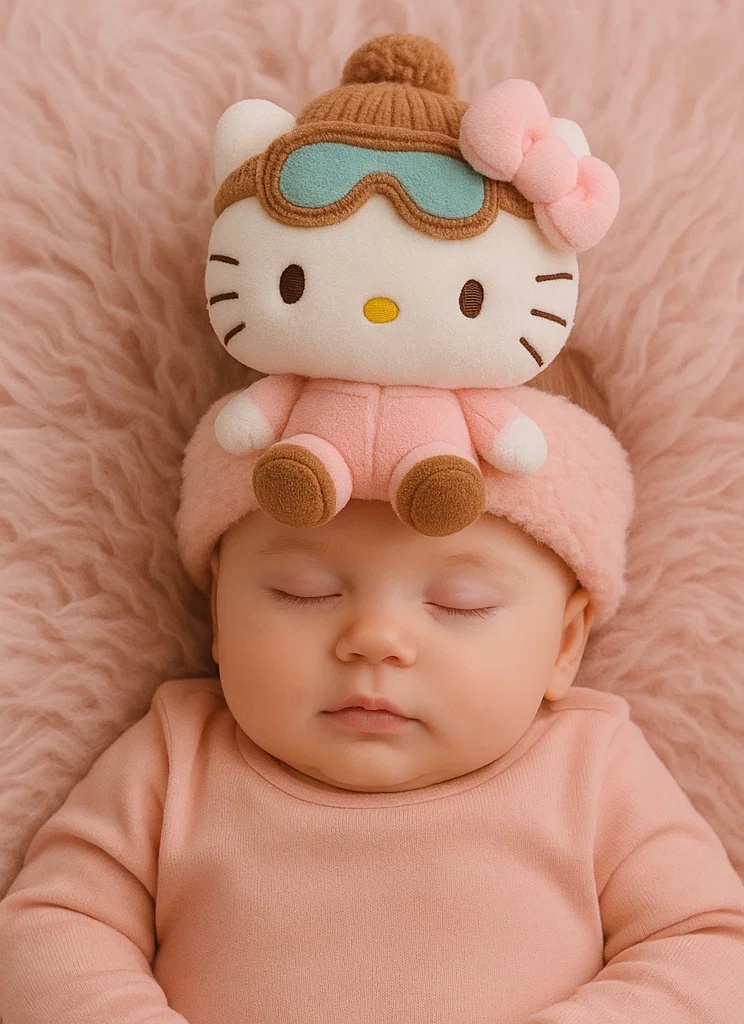 Bandeau pour bébé Hello Kitty en peluche avec tenue d’hiver – Style cartoon sous licence