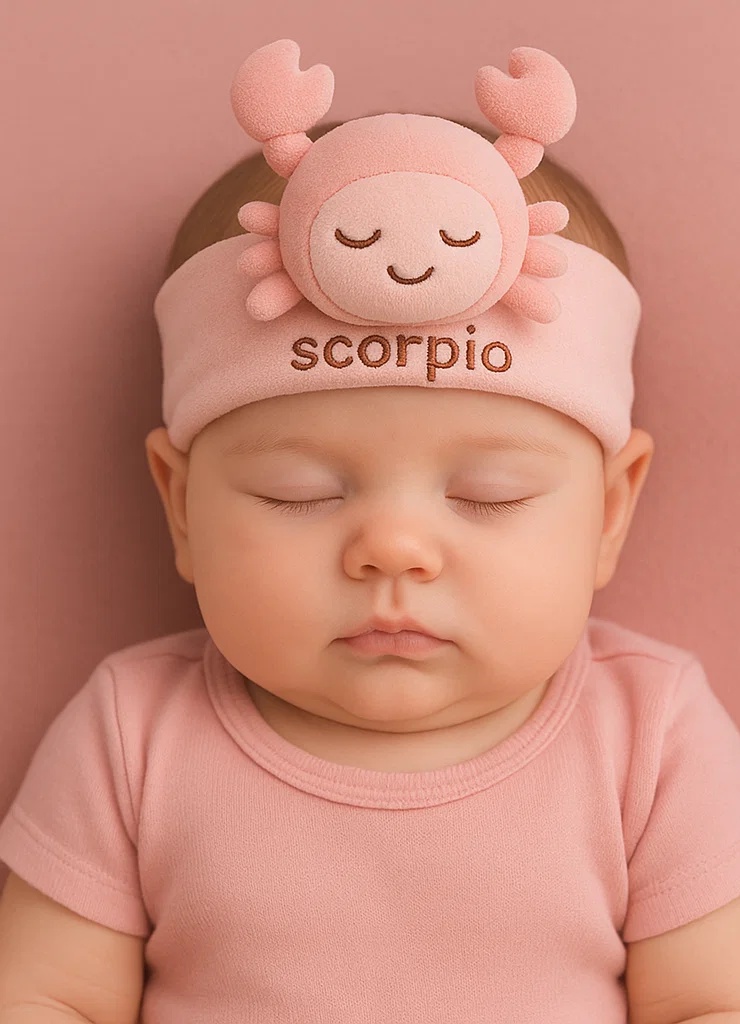 Cute Baby Zodiac Plush Headband – Pink Scorpio Crab Doll for Newborns