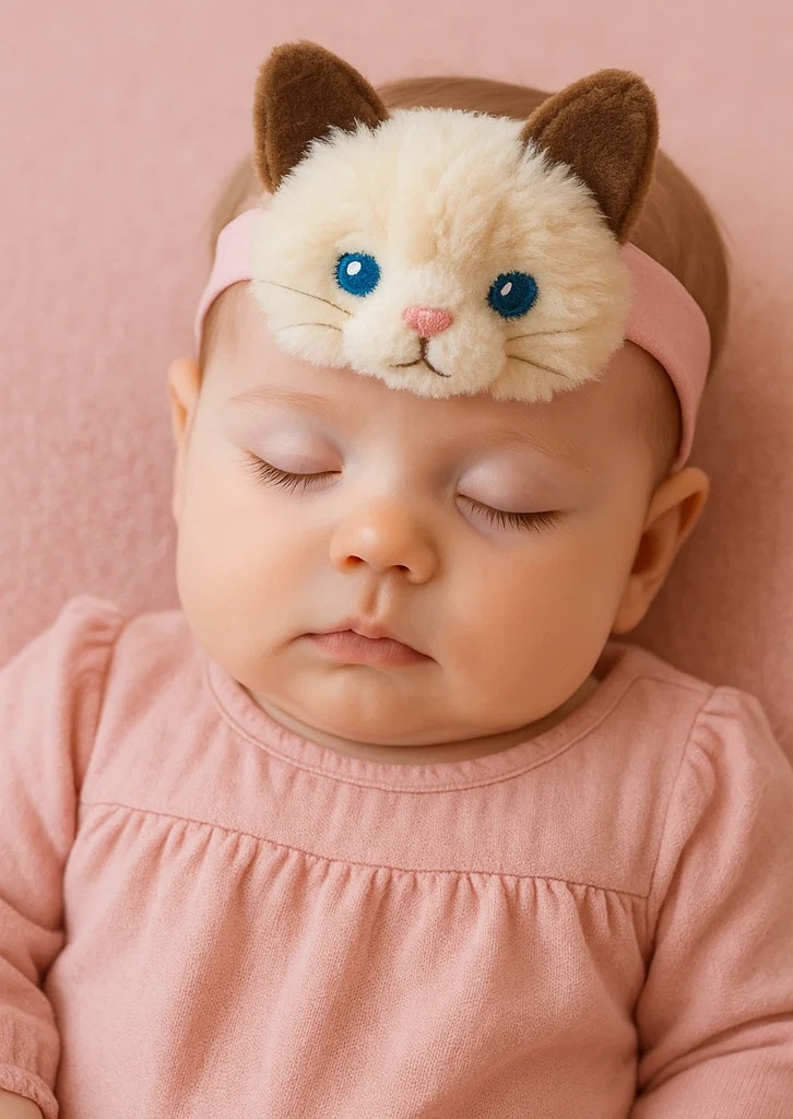 Cute Baby Plush Headband – Pink Siamese Cat Doll for Newborns
