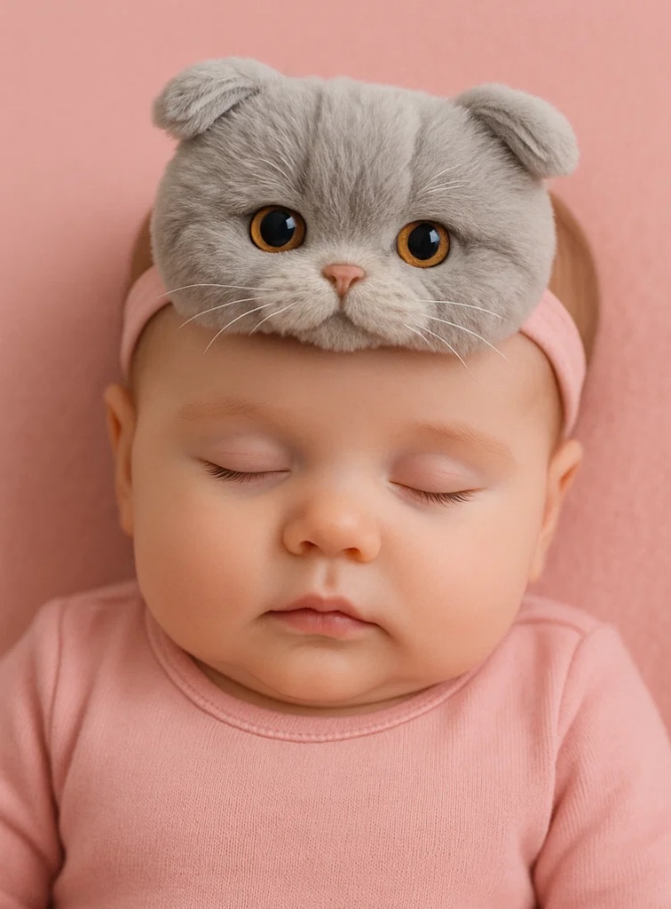 かわいいグレー猫のぬいぐるみベビーヘッドバンド – 新生児＆乳児向けソフトなアニマルカチューシャ