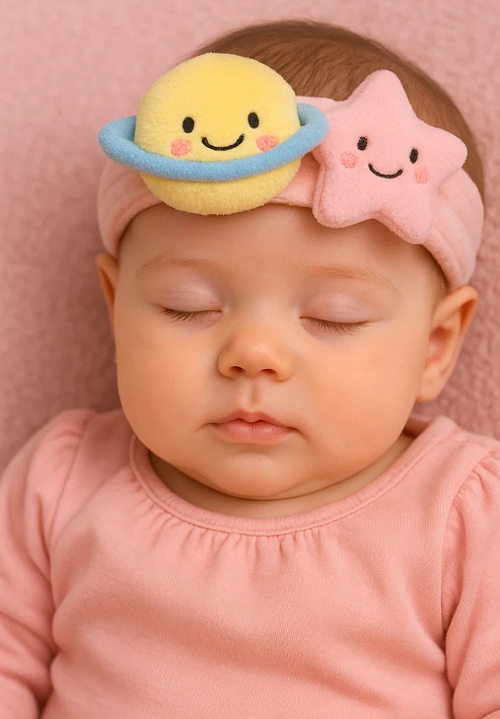 Bandeau bébé peluche planète souriante et étoile – Bandeau doux et mignon pour nouveau-né