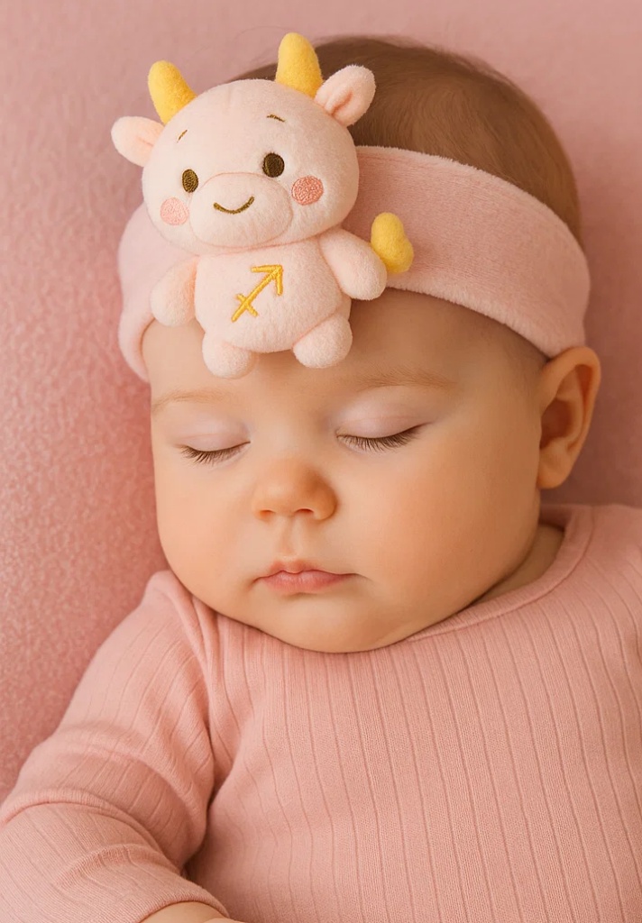 Sagittarius Zodiac Cow Plush Baby Headband – Soft Pink Astrology Hairband for Newborn Girls