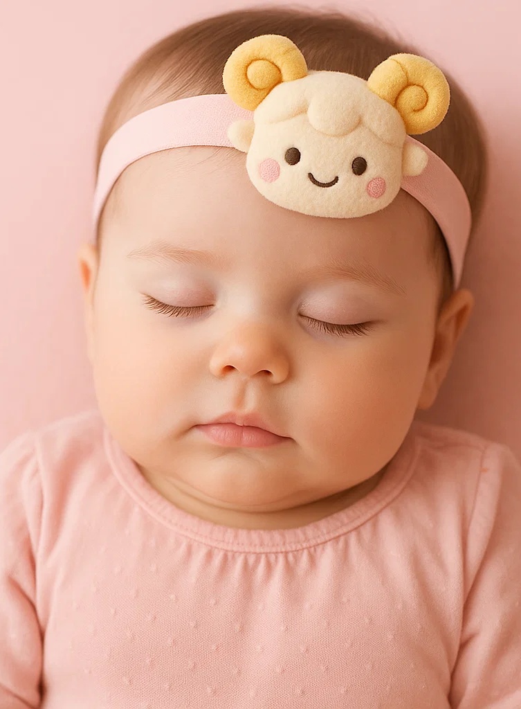 Aries Ram Plush Baby Headband – Soft Pink Zodiac Hairband for Newborn Girls