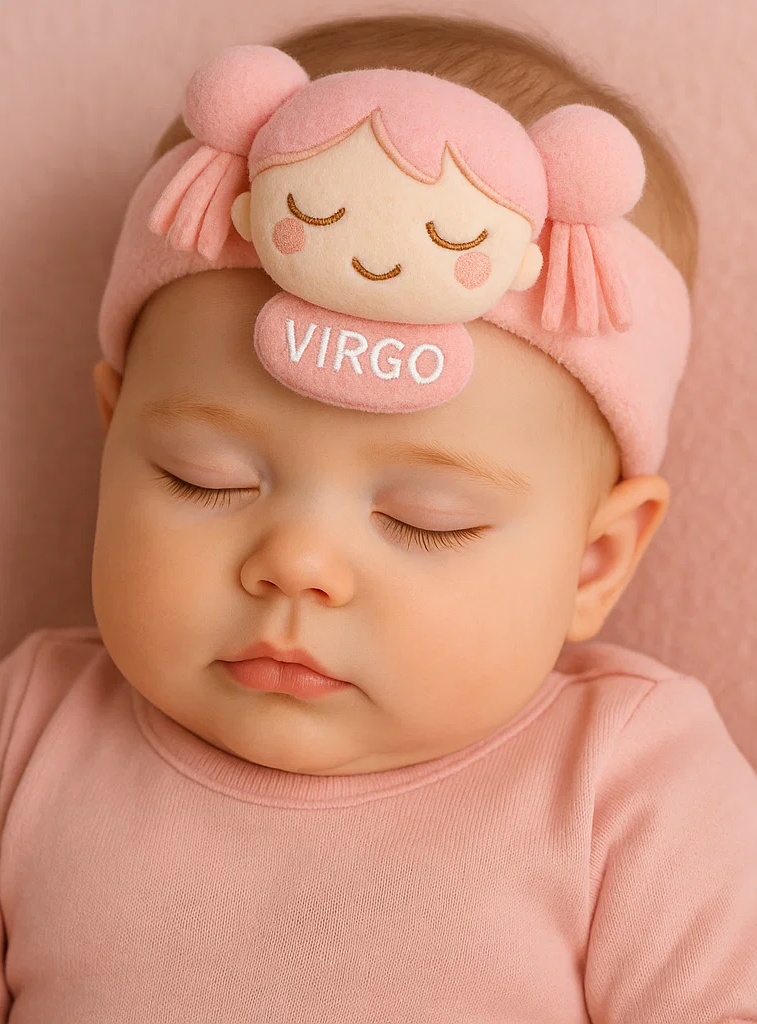 Cute Baby Zodiac Plush Headband – Pink Girl Virgo Star Sign Doll for Newborns