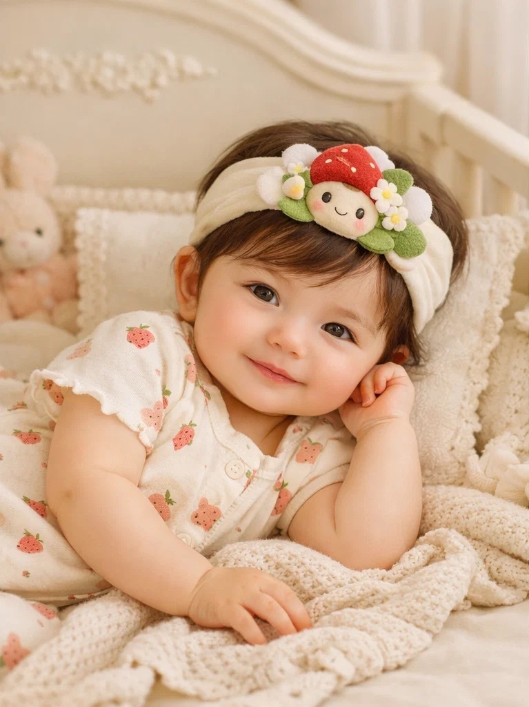 Bandeau bébé avec poupée fraise en peluche pour vente en gros – accessoire boutique doux pour marque privée