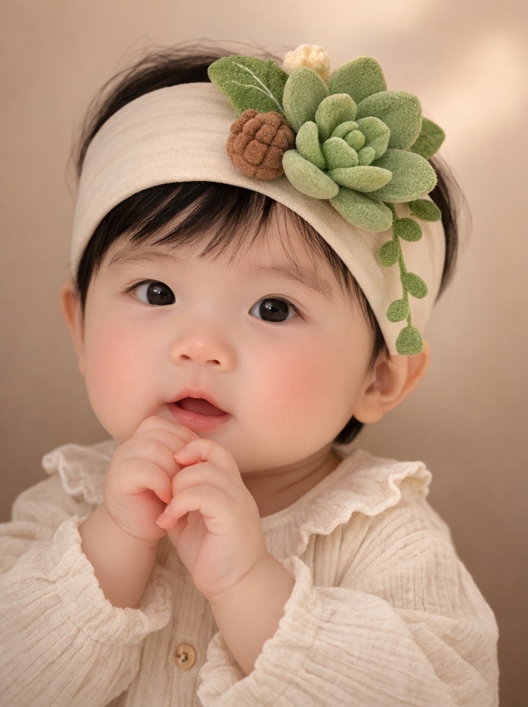 Diadema para bebé con muñeca suculenta floral – suave, elástica y perfecta para mayoristas (B2B)