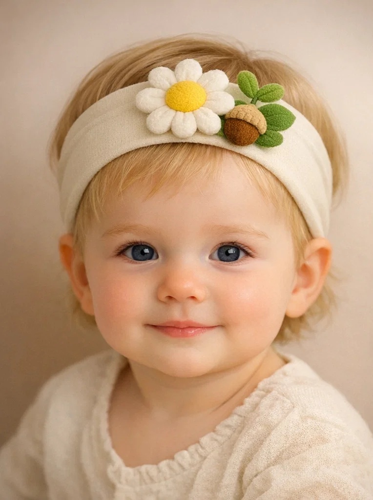 Bandeau bébé marguerite et gland – accessoire adorable pour boutiques bébé (B2B)