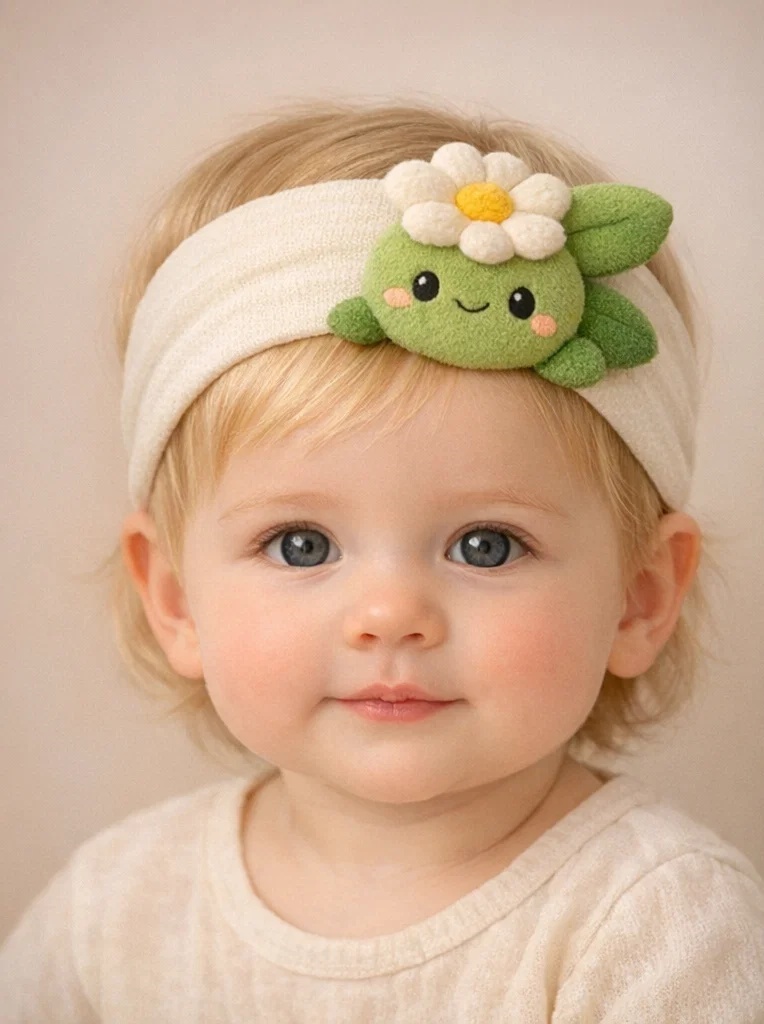 Niedliches Baby-Stirnband mit grüner Puppe und Blume – Bestseller für Babyshops (B2B)