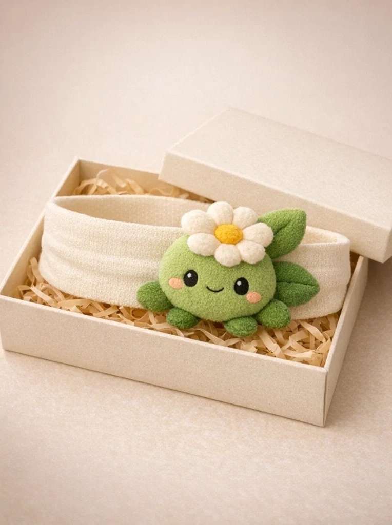 Niedliches Baby-Stirnband mit grüner Puppe und Blume – Bestseller für Babyshops (B2B)