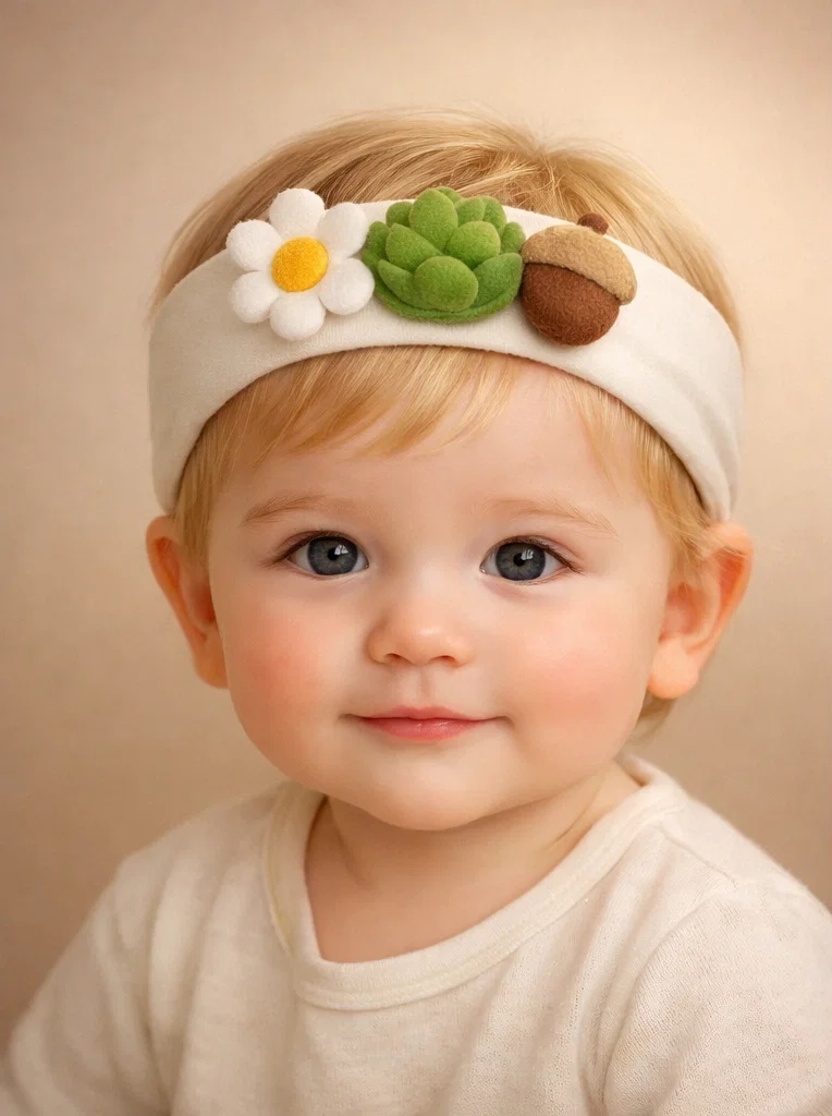 Bentiță bebeluși cu margaretă, suculentă și ghindă – accesoriu moale pentru magazine baby (B2B)