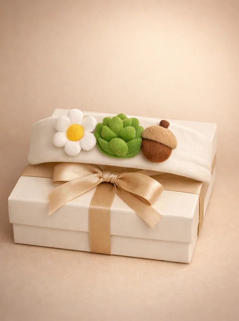 Bentiță bebeluși cu margaretă, suculentă și ghindă – accesoriu moale pentru magazine baby (B2B)