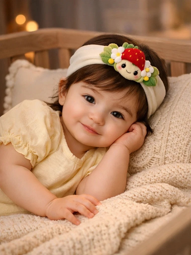 Bandeau bébé avec poupée fraise en peluche pour vente en gros – accessoire boutique doux pour marque privée