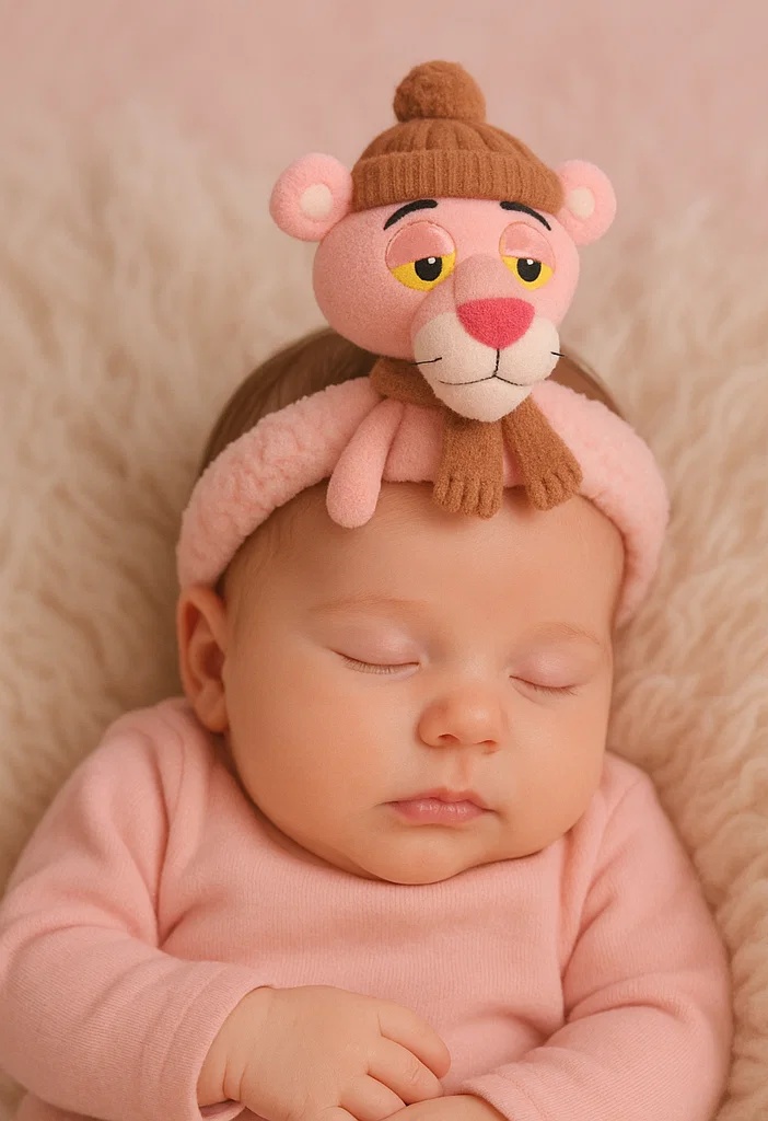 Pink Panther Plush Baby Headband with Winter Hat – Soft Cartoon Infant Hair Accessory