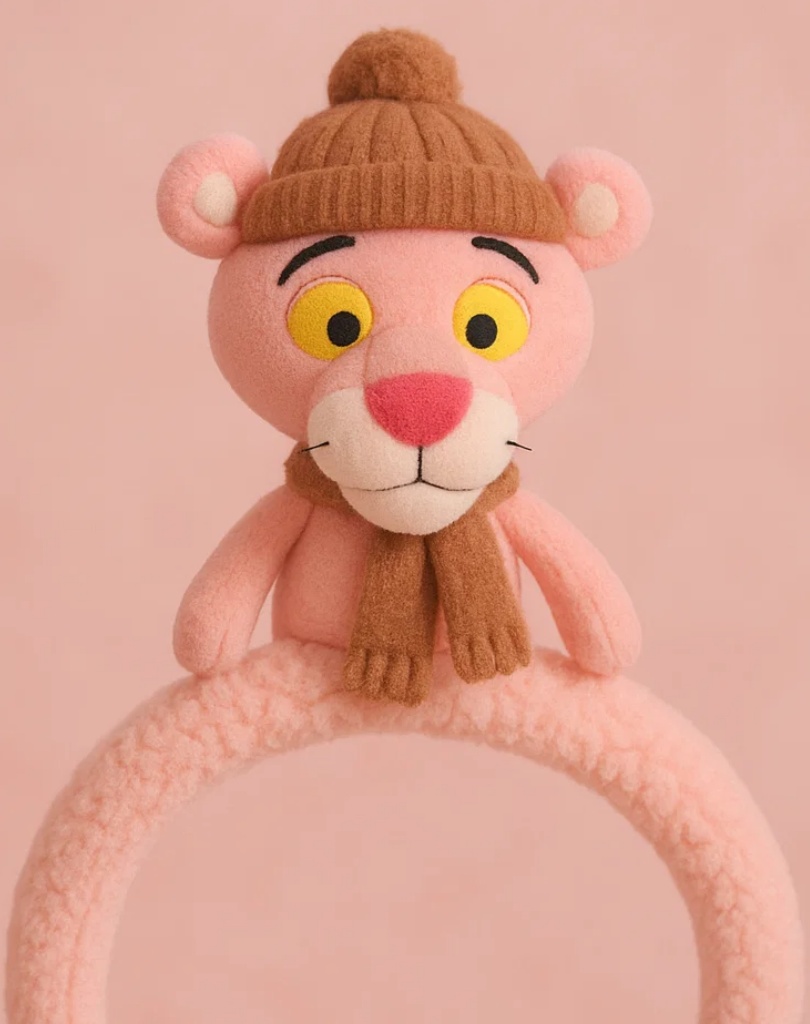Pink Panther Plush Baby Headband with Winter Hat – Soft Cartoon Infant Hair Accessory