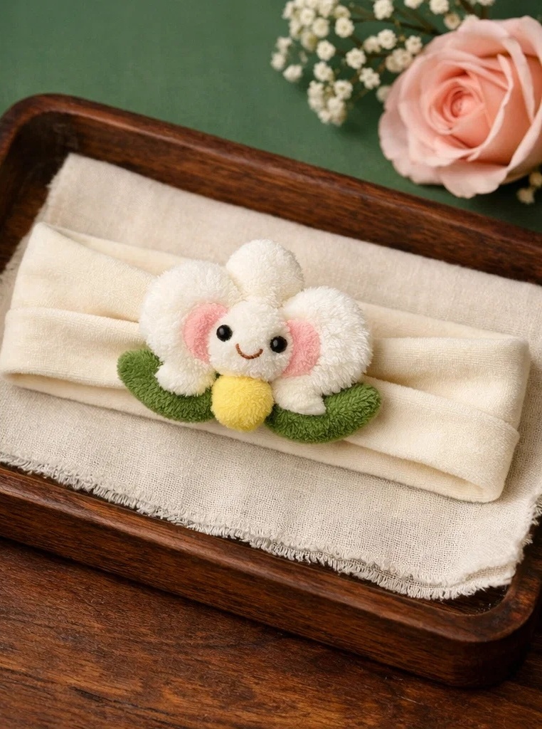 Diadema para bebé con flor blanca y rosa de felpa – producto estrella para mayoristas y boutiques infantiles