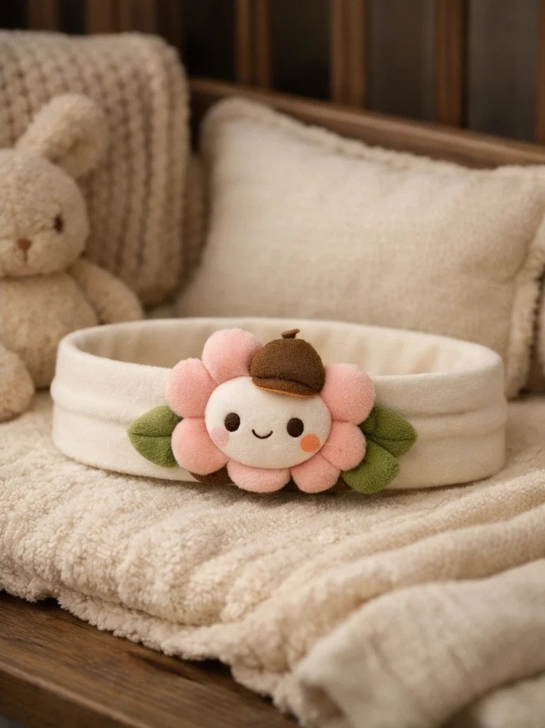 Baby-Stirnband mit Blumenpuppe und Eichel-Detail für den Großhandel – sanftes Boutique-Accessoire für Private Label