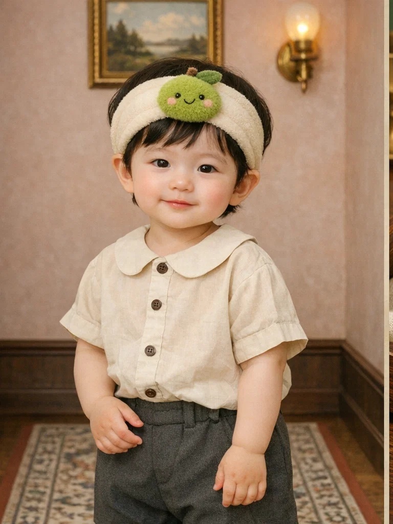 Bandeau bébé peluche fruit vert, conçu pour séduire les acheteurs B2B