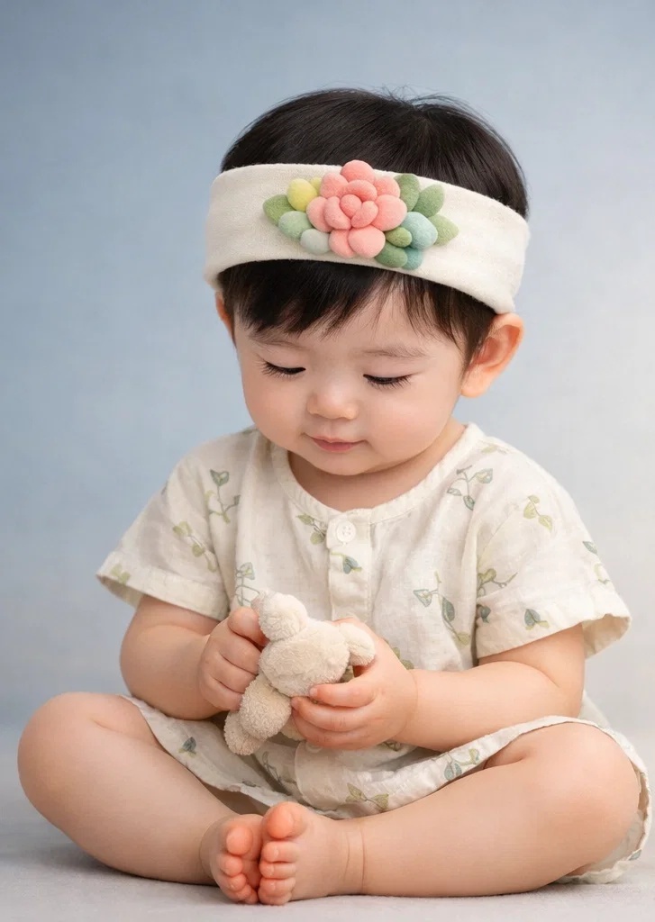 Bandeau bébé peluche succulente pastel pour acheteurs B2B et collections boutique