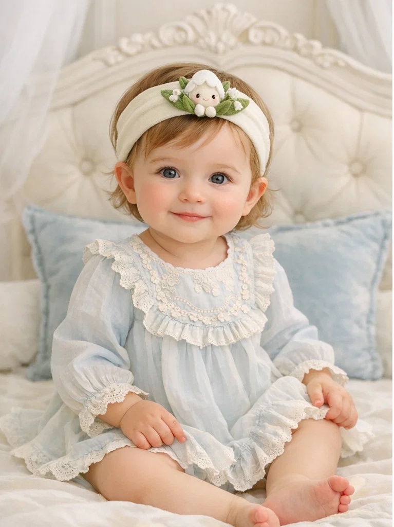 Faixa de cabelo para bebê com boneca flor de pelúcia e bolota para atacado – acessório suave para boutique com marca própria