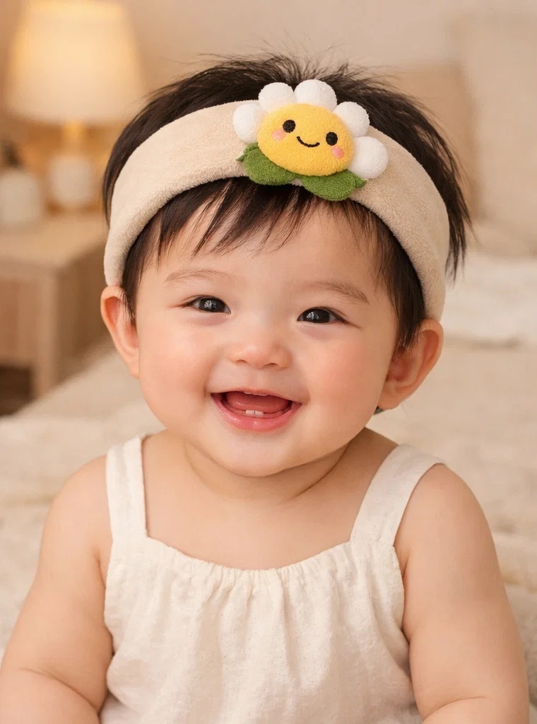 Elegant Green Daisy Baby Headband – Soft, Comfortable, and Adjustable for Infants