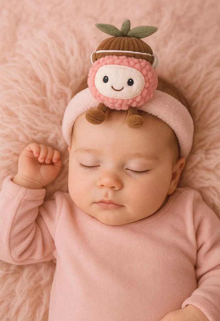 Pink Fruit Plush Baby Headband with Green Leaf – Cute Cartoon Infant Hair Accessory