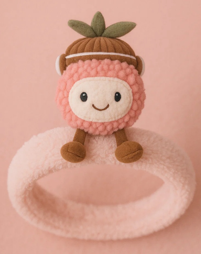 Pink Fruit Plush Baby Headband with Green Leaf – Cute Cartoon Infant Hair Accessory