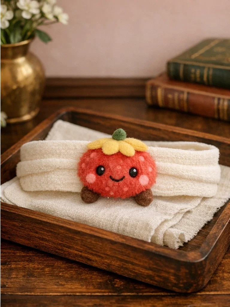 Faixa de bebê com boneco de morango em pelúcia, ideal para vendas B2B