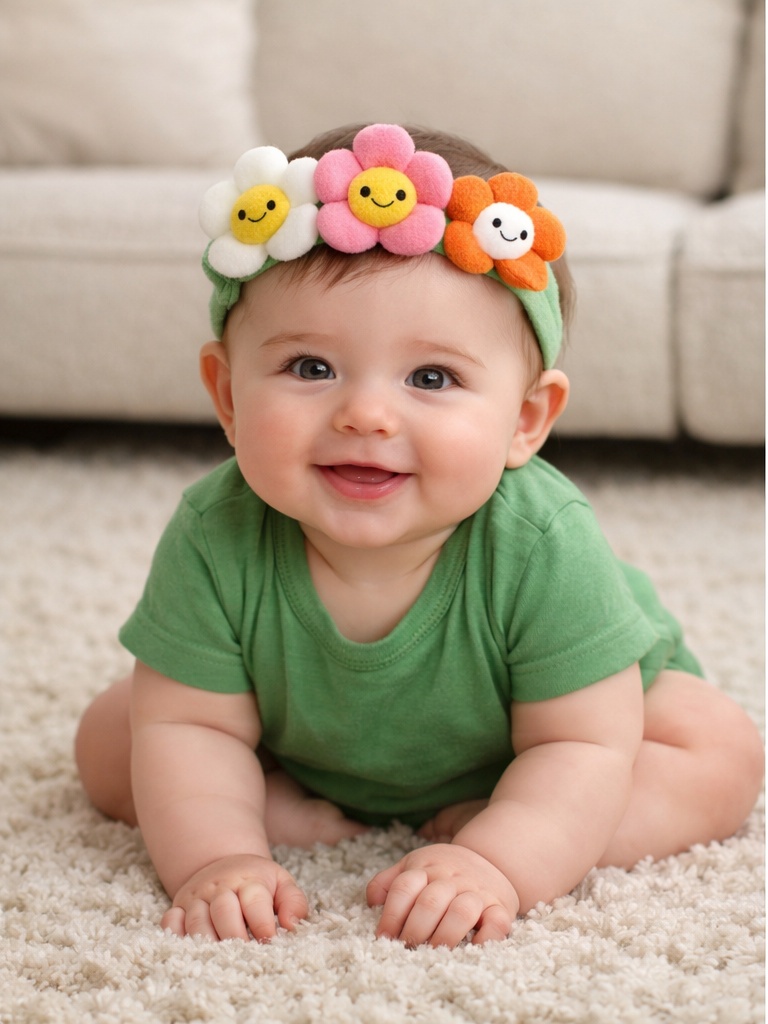 Diadema Divertida para Bebé con Flores de Caritas Sonrientes - Banda Elástica Suave
