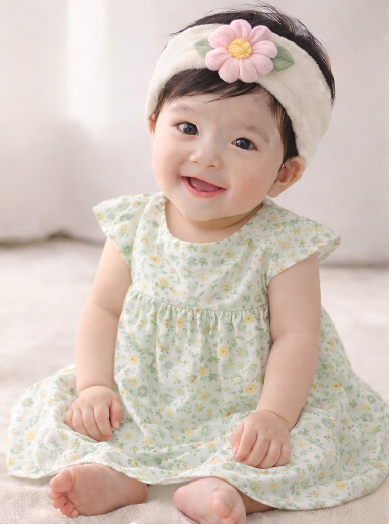 Cute Baby Headband with Smiling Peach and Green Plush Features – Adjustable