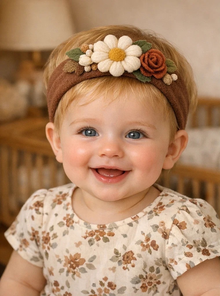Vintage Daisy and Rose Baby Headband – Luxurious Felt Design for Infants
