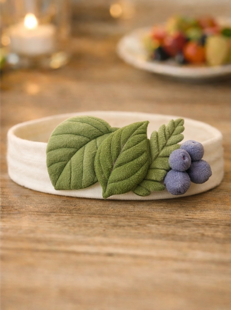 Nature-Inspired Baby Headband with Leaf & Blueberry Plush – Perfect for Gift Sets & Boutiques