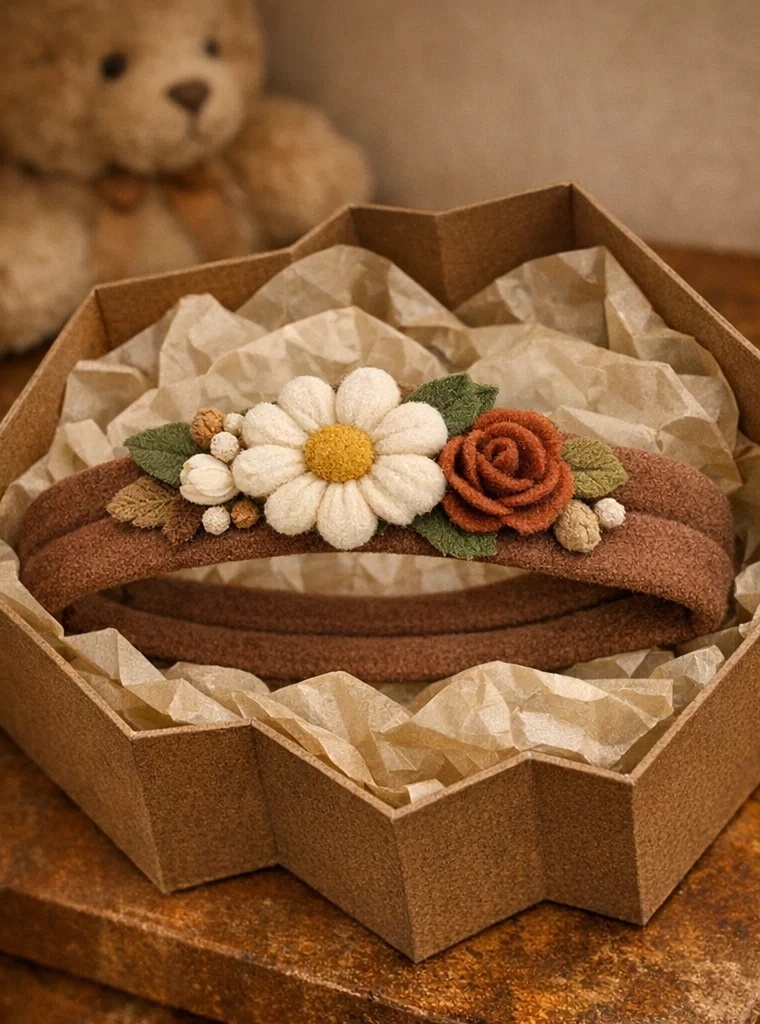 Vintage Daisy and Rose Baby Headband – Luxurious Felt Design for Infants