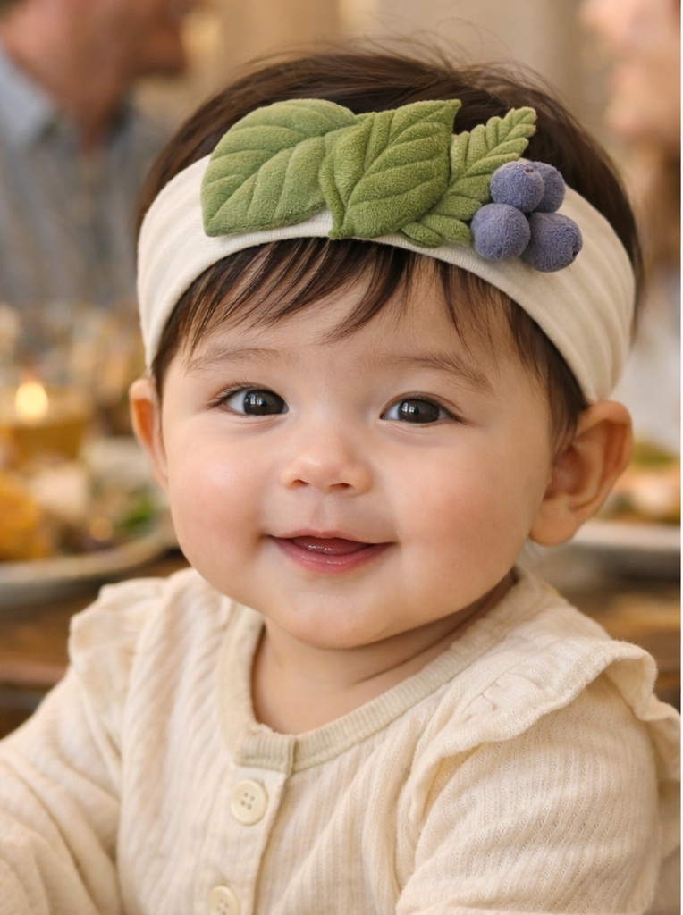 Nature-Inspired Baby Headband with Leaf & Blueberry Plush – Perfect for Gift Sets & Boutiques